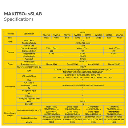 Makitso Slab 40" 4K Digital Signage and Table Top Display specifications