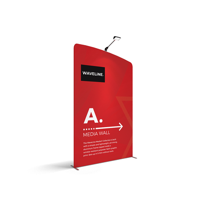 WaveLine® Media Display Wall A Left. Modular Tension Fabric Display Wall. Event marketing trade show display wall.  Angle View WaveLine® Media Display Wall Modular.