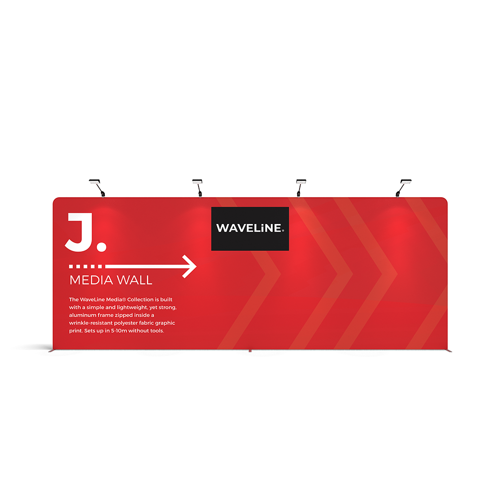 WaveLine® Media Display J Wall Modular Tension Fabric Display Wall. Event marketing trade show display wall. Front View WaveLine® Media Display Wall Modular. WLM-2000NJ