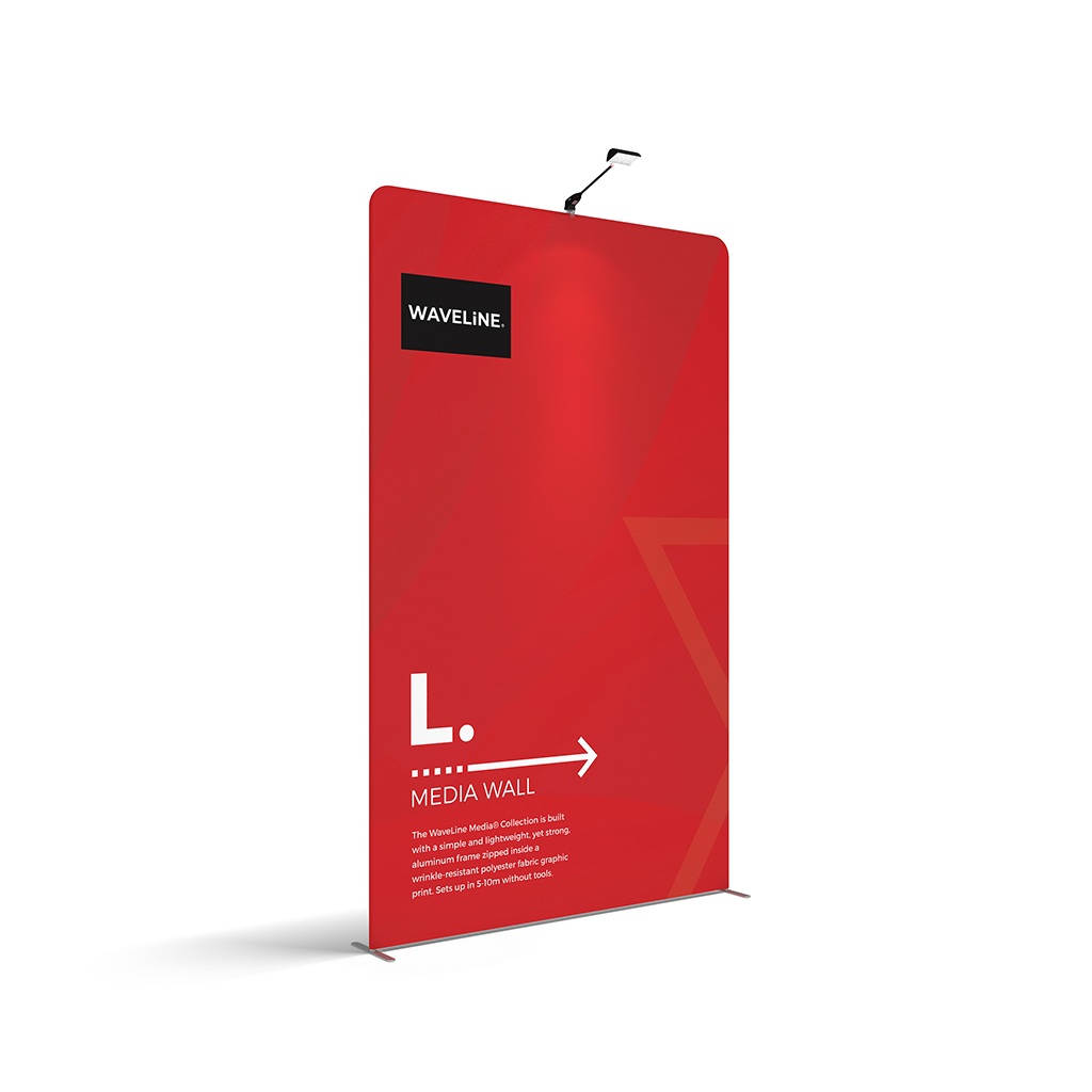 WaveLine® Media Display Wall L Modular Tension Fabric Display Wall. Event marketing trade show display wall. Angle View WaveLine® Media Display Wall Modular. WLM-2000L